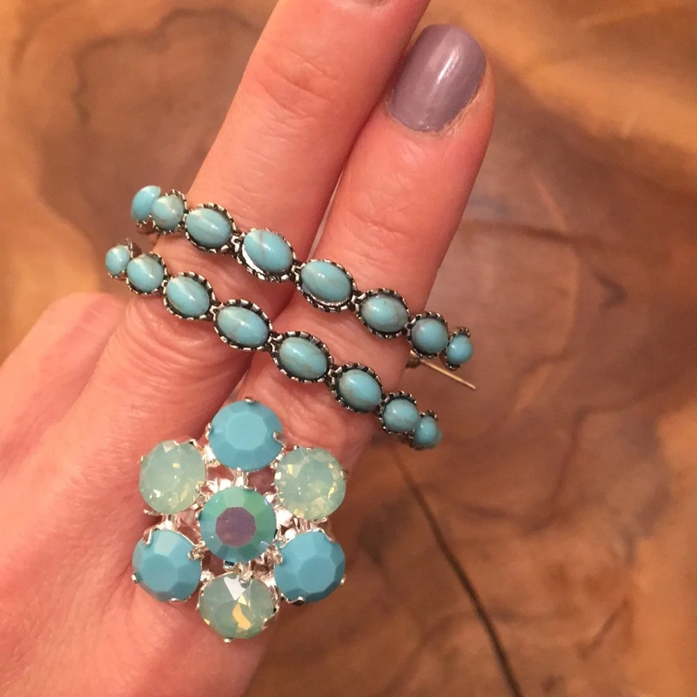 Turquoise + lGreen Opal Silver Boho Flower Crystal Statement Cocktail Ring
